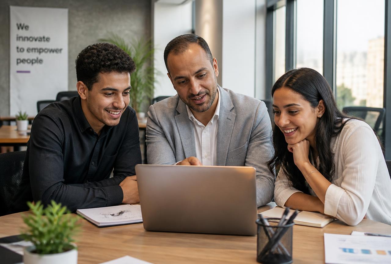 A supervisor reviewing an intern's deliverable on a video call